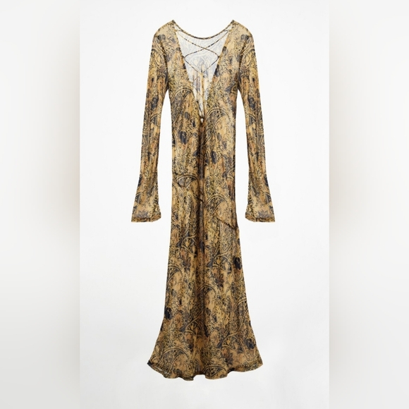 Zara Tan Navy Sheer Fitted Maxi Dress - Picture 7 of 14